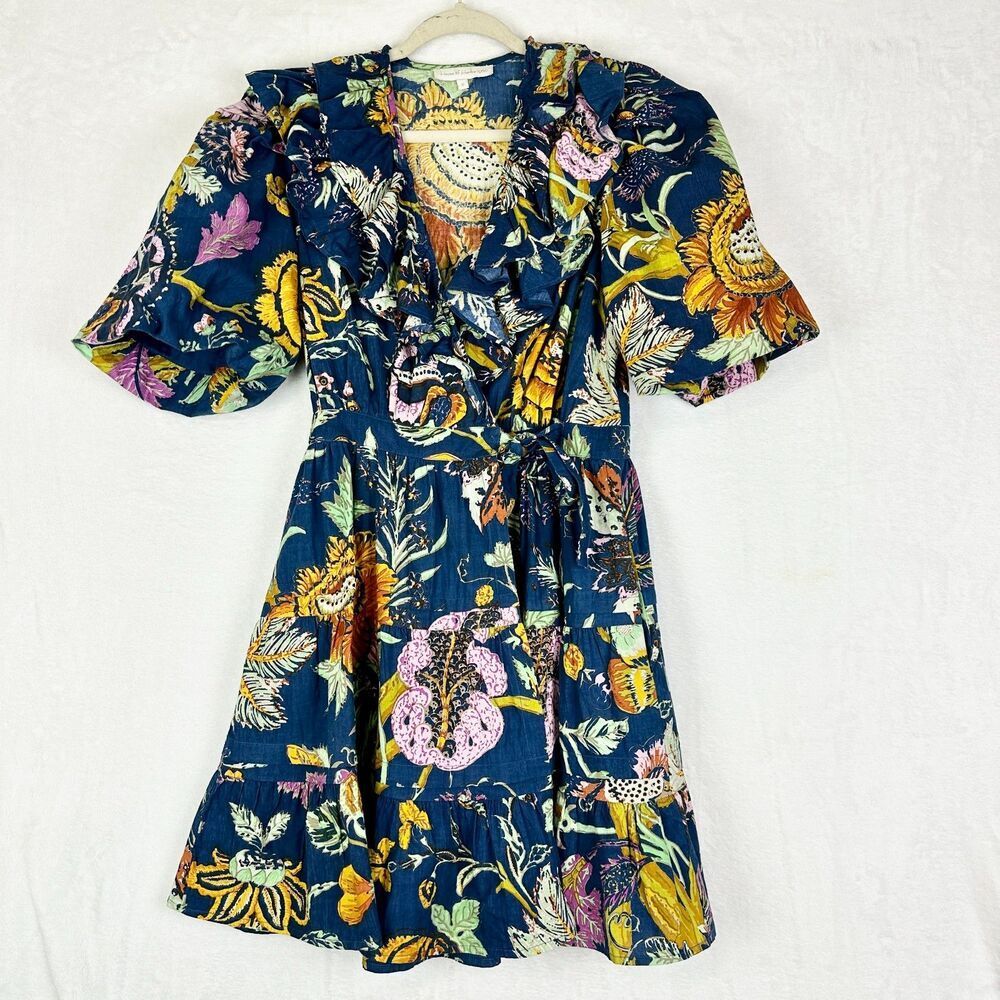 House of Harlow 1960 Floral Wrap Mini Dress Size Small Ruffle V-Neck Boho - Picture 2 of 7